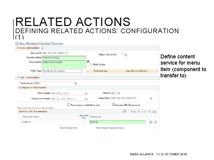 RELATED ACTIONS DEFINING RELATED ACTIONS: CONFIGURATION (1) Define content service for menu item (component