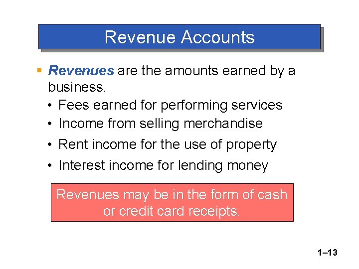 Revenue Accounts § Revenues are the amounts earned by a business. • Fees earned