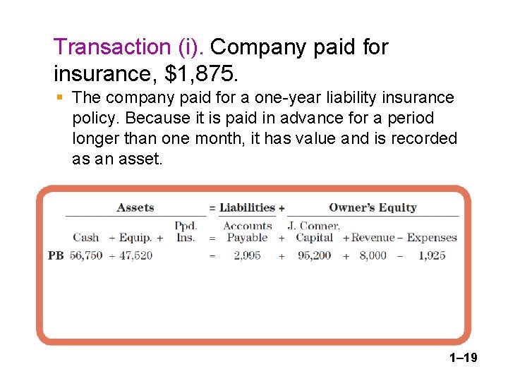 Transaction (i). Company paid for insurance, $1, 875. § The company paid for a