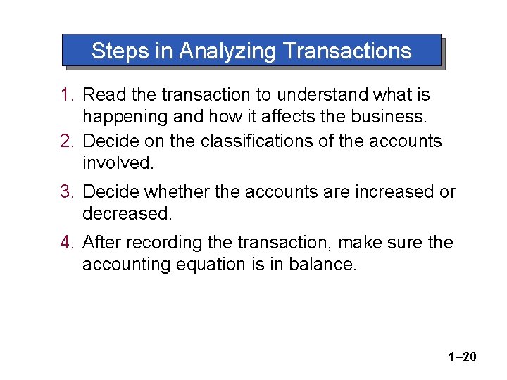 Steps in Analyzing Transactions 1. Read the transaction to understand what is happening and