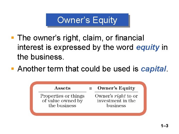 Owner’s Equity § The owner’s right, claim, or financial interest is expressed by the