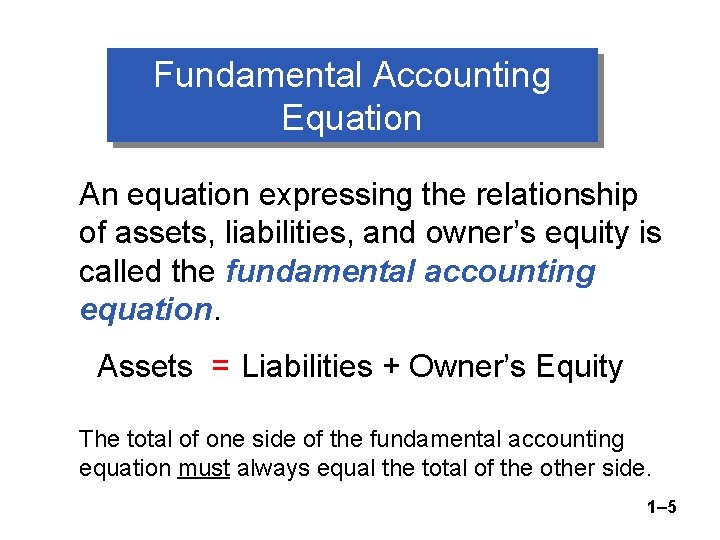 Fundamental Accounting Equation An equation expressing the relationship of assets, liabilities, and owner’s equity