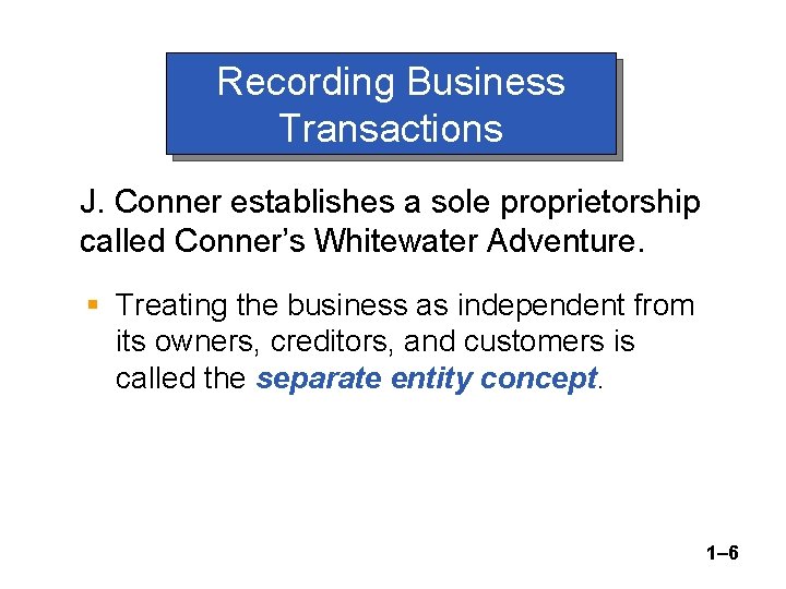Recording Business Transactions J. Conner establishes a sole proprietorship called Conner’s Whitewater Adventure. §
