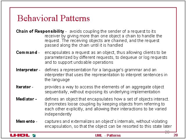 Behavioral Patterns Chain of Responsibility - avoids coupling the sender of a request to