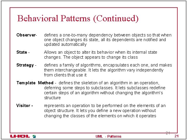 Behavioral Patterns (Continued) Observer- defines a one-to-many dependency between objects so that when one