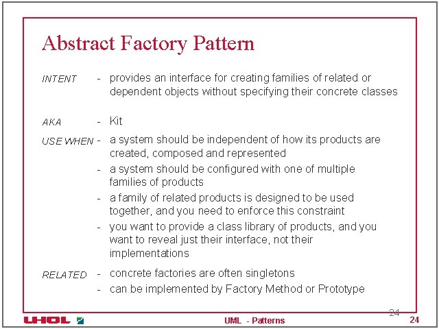 Abstract Factory Pattern INTENT - provides an interface for creating families of related or
