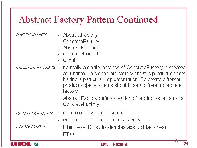 Abstract Factory Pattern Continued COLLABORATIONS PARTICIPANTS Abstract. Factory Concrete. Factory Abstract. Product Concrete. Poduct