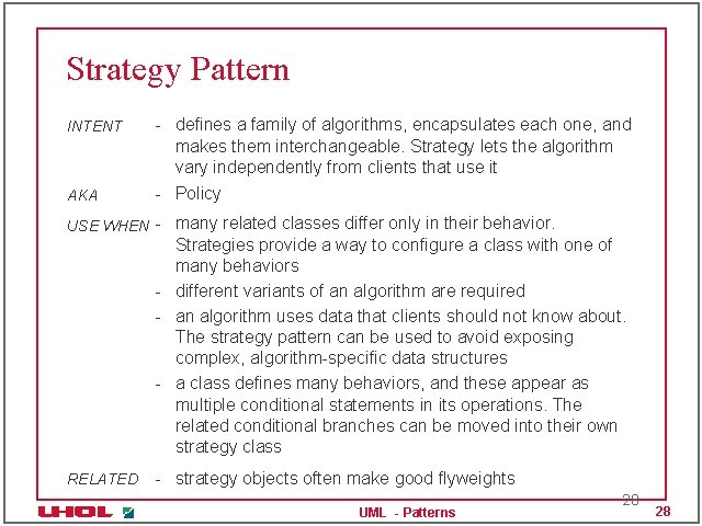Strategy Pattern INTENT AKA - defines a family of algorithms, encapsulates each one, and
