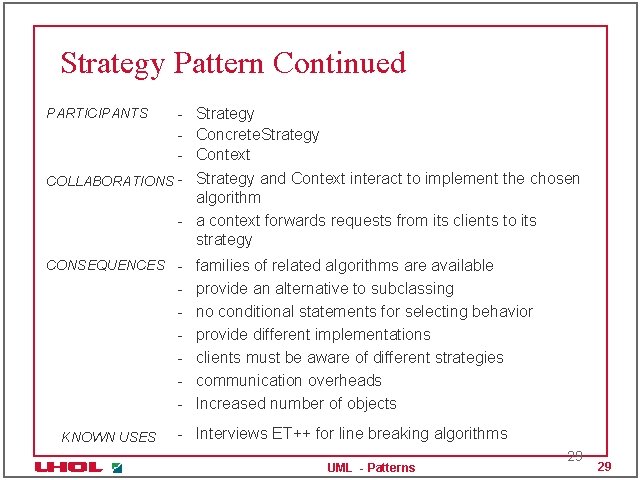 Strategy Pattern Continued COLLABORATIONS PARTICIPANTS Strategy Concrete. Strategy Context Strategy and Context interact to