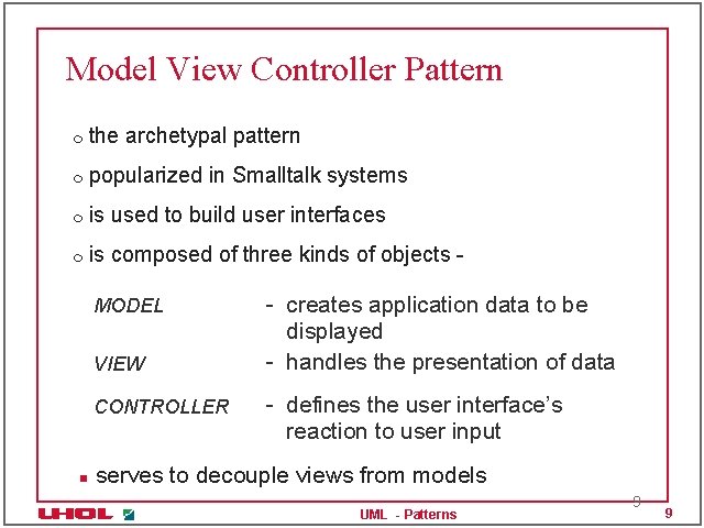 Model View Controller Pattern m the archetypal pattern m popularized in Smalltalk systems m