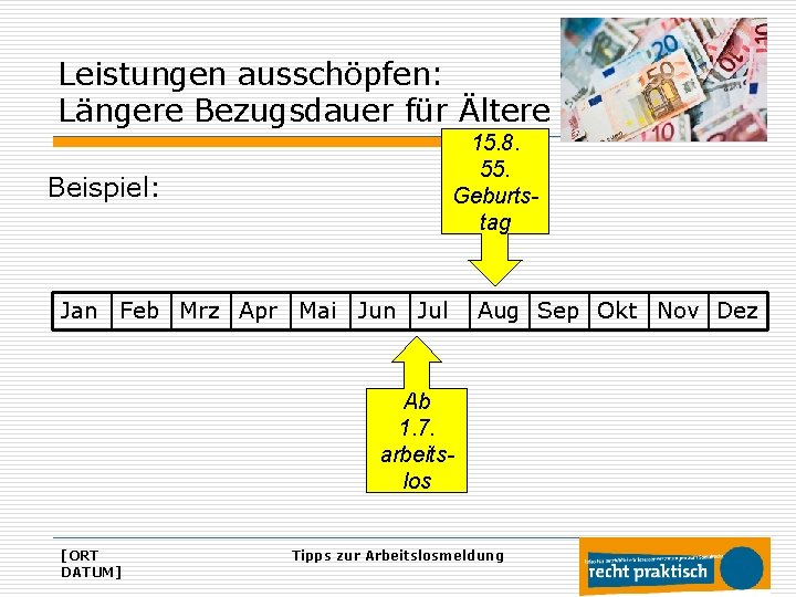 Leistungen ausschöpfen: Längere Bezugsdauer für Ältere 15. 8. 55. Geburtstag Beispiel: Jan Feb Mrz