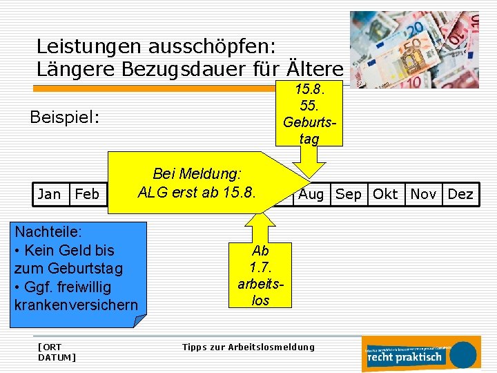 Leistungen ausschöpfen: Längere Bezugsdauer für Ältere 15. 8. 55. Geburtstag Beispiel: Bei Meldung: ab