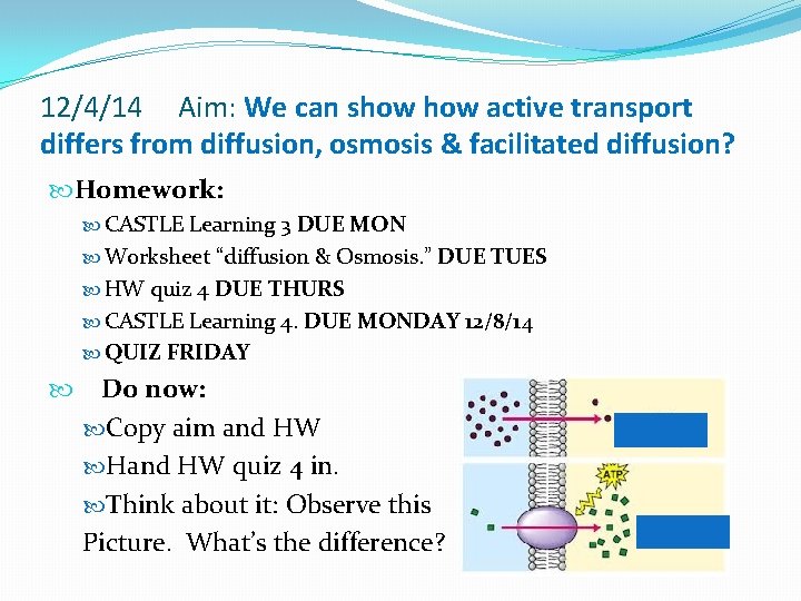 12/4/14 Aim: We can show active transport differs from diffusion, osmosis & facilitated diffusion?