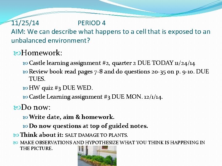 11/25/14 PERIOD 4 AIM: We can describe what happens to a cell that is