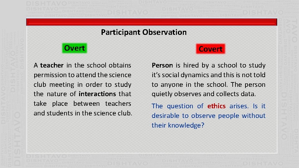 Participant Observation Overt A teacher in the school obtains permission to attend the science