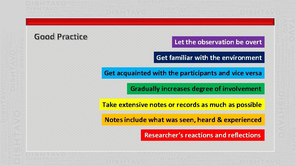 Good Practice Let the observation be overt Get familiar with the environment Get acquainted