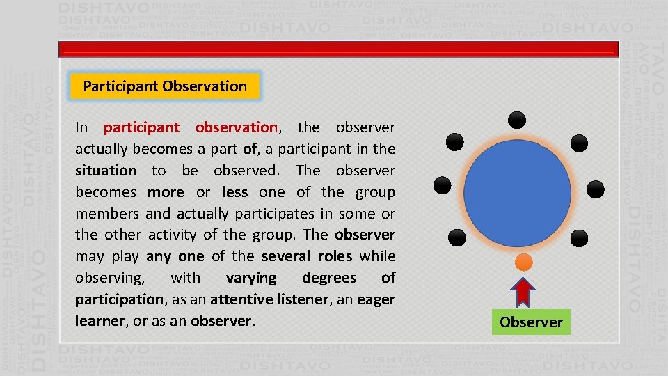Participant Observation In participant observation, the observer actually becomes a part of, a participant
