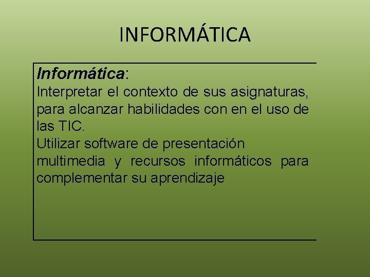 INFORMÁTICA Informática: Interpretar el contexto de sus asignaturas, para alcanzar habilidades con en el