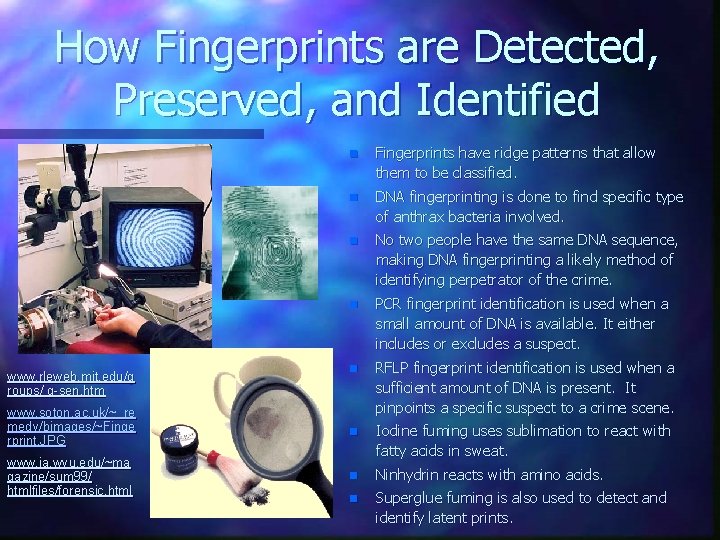 How Fingerprints are Detected, Preserved, and Identified n Fingerprints have ridge patterns that allow