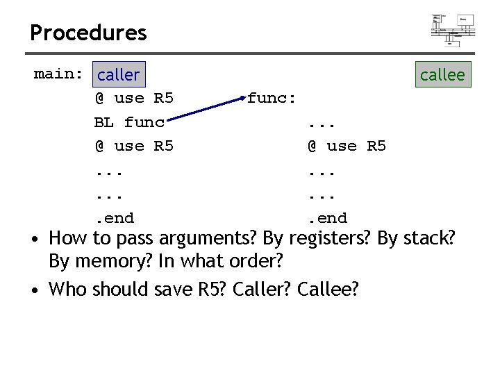Procedures main: caller @ use R 5 BL func @ use R 5. .