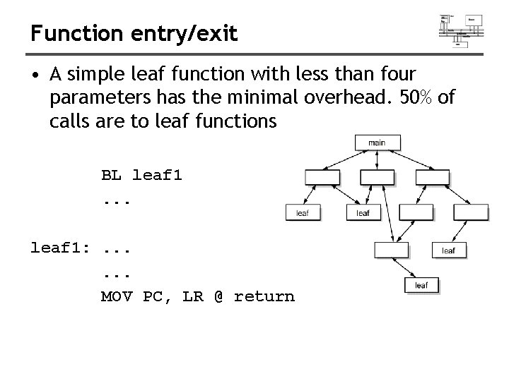 Function entry/exit • A simple leaf function with less than four parameters has the
