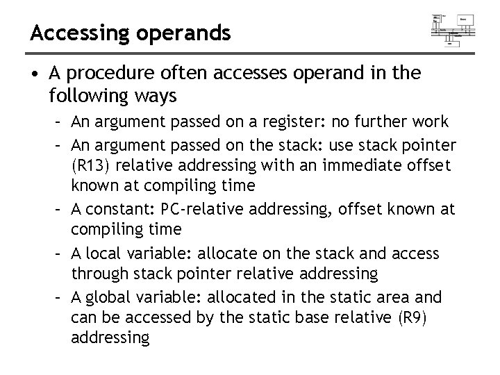 Accessing operands • A procedure often accesses operand in the following ways – An