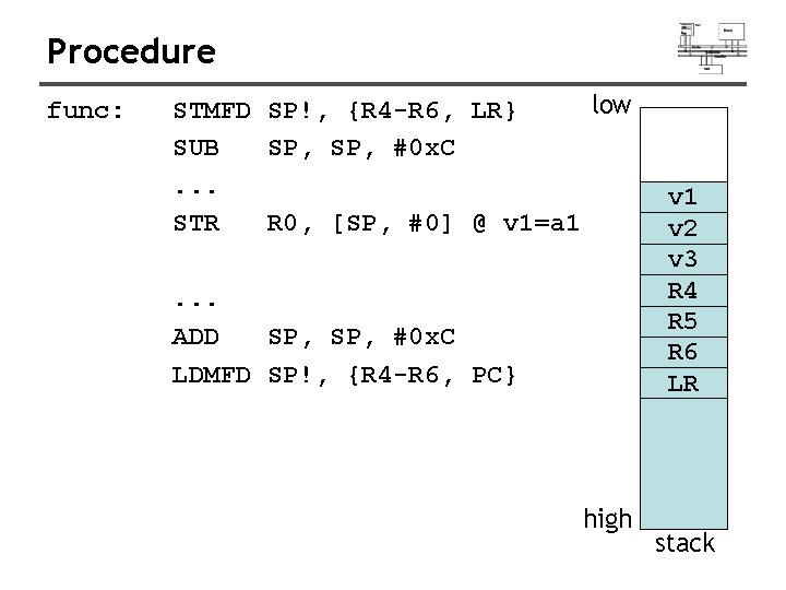 Procedure func: low STMFD SP!, {R 4 -R 6, LR} SUB SP, #0 x.