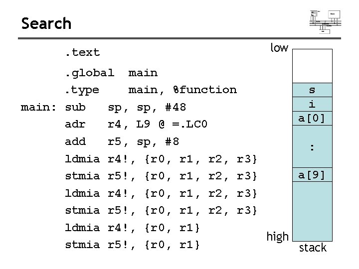 Search. text low . global main. type main, %function s i main: sub sp,