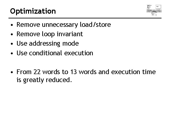 Optimization • • Remove unnecessary load/store Remove loop invariant Use addressing mode Use conditional