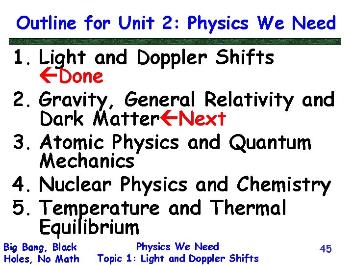 Outline for Unit 2: Physics We Need 1. Light and Doppler Shifts Done 2.