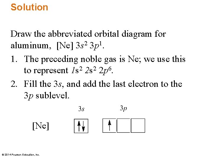 Solution Draw the abbreviated orbital diagram for aluminum, [Ne] 3 s 2 3 p