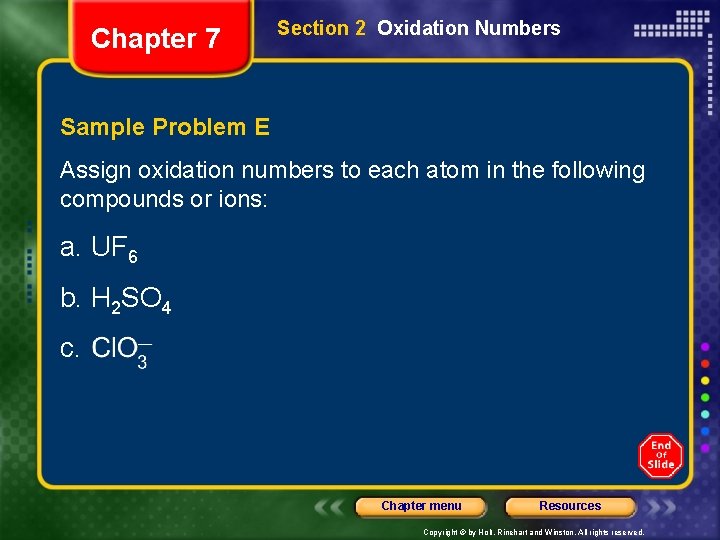 Chapter 7 Section 2 Oxidation Numbers Sample Problem E Assign oxidation numbers to each