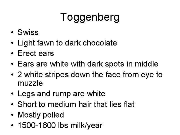 Toggenberg • • • Swiss Light fawn to dark chocolate Erect ears Ears are