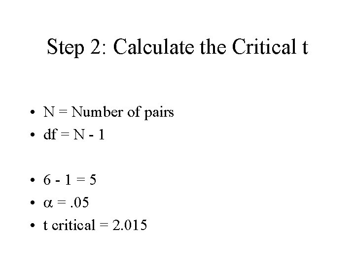 Step 2: Calculate the Critical t • N = Number of pairs • df