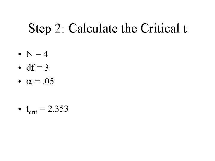 Step 2: Calculate the Critical t • N=4 • df = 3 • =.