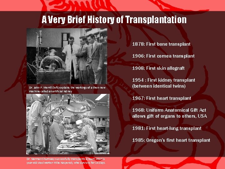 A Very Brief History of Transplantation 1878: First bone transplant 1906: First cornea transplant