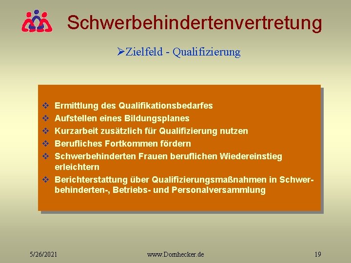 Schwerbehindertenvertretung ØZielfeld - Qualifizierung v v v Ermittlung des Qualifikationsbedarfes Aufstellen eines Bildungsplanes Kurzarbeit