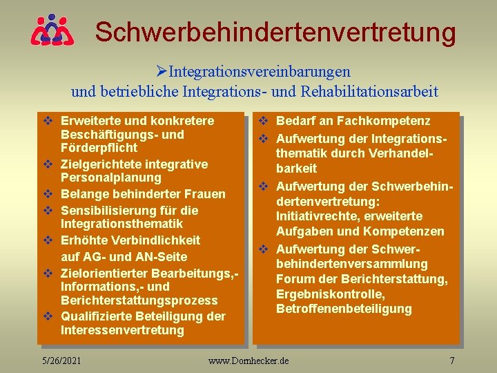 Schwerbehindertenvertretung ØIntegrationsvereinbarungen und betriebliche Integrations- und Rehabilitationsarbeit v Erweiterte und konkretere Beschäftigungs- und Förderpflicht