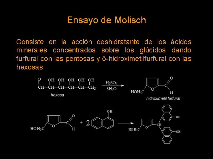 Ensayo de Molisch Consiste en la acción deshidratante de los ácidos minerales concentrados sobre