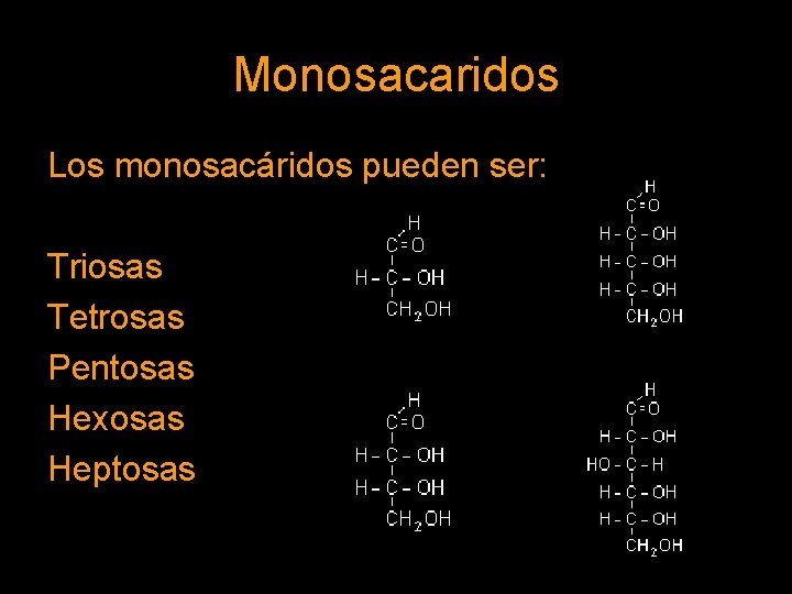 Monosacaridos Los monosacáridos pueden ser: Triosas Tetrosas Pentosas Hexosas Heptosas 