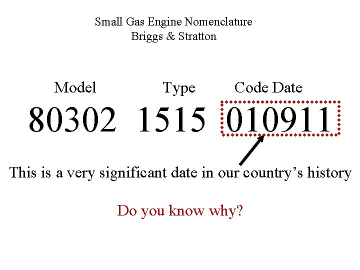 Small Gas Engine Nomenclature Briggs & Stratton Model Type Code Date 80302 1515 010911