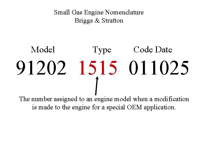 Small Gas Engine Nomenclature Briggs & Stratton Model Type Code Date 91202 1515 011025