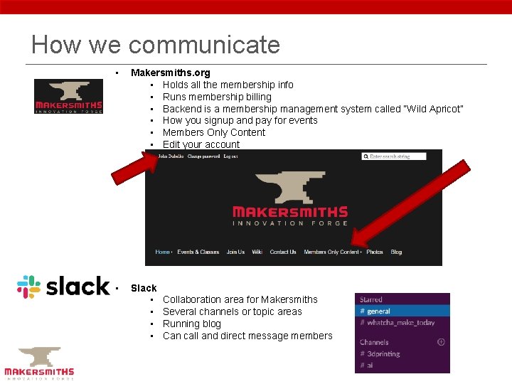 How we communicate • Makersmiths. org • Holds all the membership info • Runs