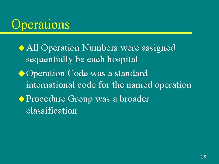 Operations u All Operation Numbers were assigned sequentially be each hospital u Operation Code Operations u All Operation Numbers were assigned sequentially be each hospital u Operation Code