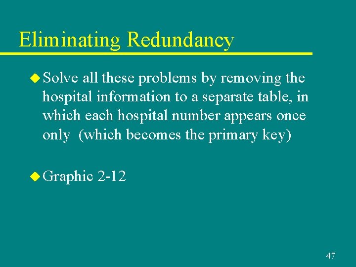 Eliminating Redundancy u Solve all these problems by removing the hospital information to a Eliminating Redundancy u Solve all these problems by removing the hospital information to a