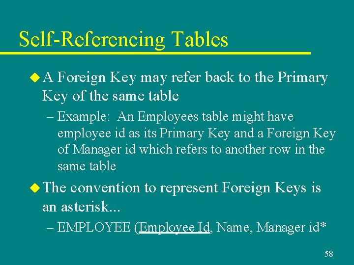 Self-Referencing Tables u. A Foreign Key may refer back to the Primary Key of Self-Referencing Tables u. A Foreign Key may refer back to the Primary Key of