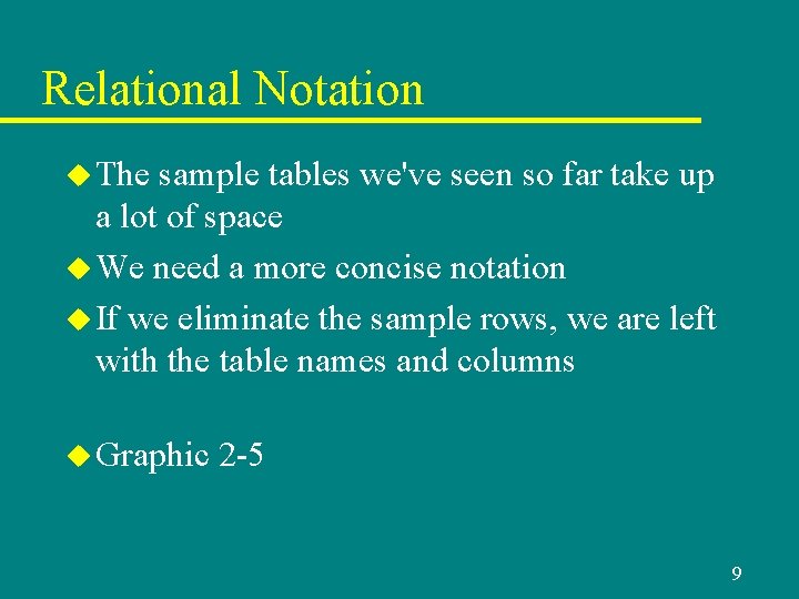 Relational Notation u The sample tables we've seen so far take up a lot Relational Notation u The sample tables we've seen so far take up a lot