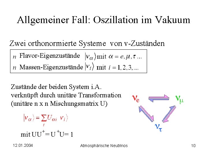 Allgemeiner Fall: Oszillation im Vakuum Zwei orthonormierte Systeme von v-Zuständen Flavor-Eigenzustände Massen-Eigenzustände Zustände der