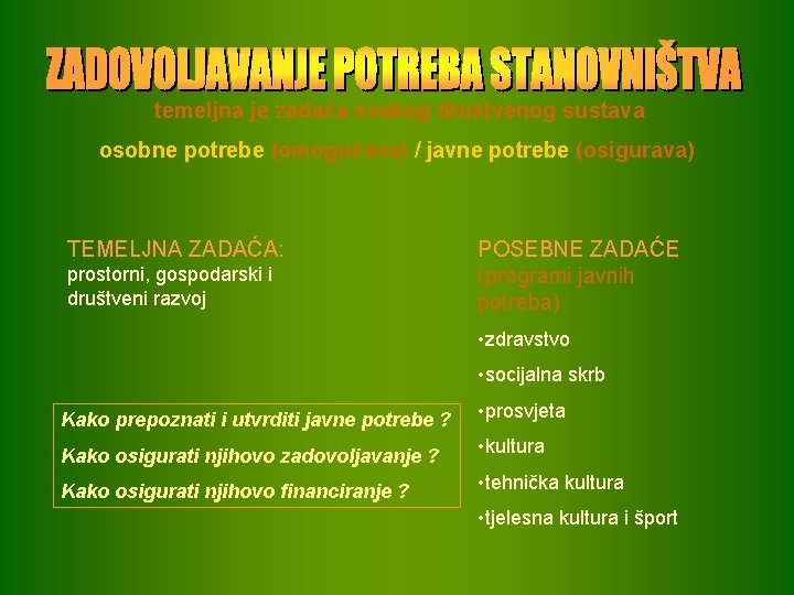 temeljna je zadaća svakog društvenog sustava osobne potrebe (omogućava) / javne potrebe (osigurava) TEMELJNA