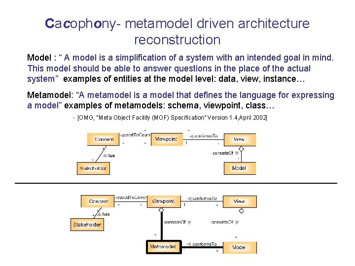 Cacophony- metamodel driven architecture reconstruction Model : “ A model is a simplification of